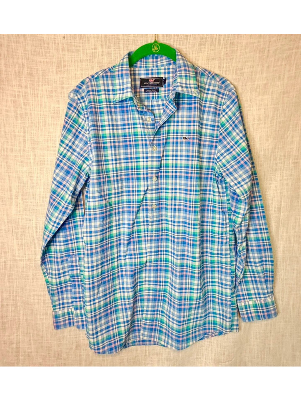 Vineyard Vines Boys Performance Blue Green Pink Plaid Button Down Whale Shirt XL
